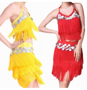 Yellow gold red royal blue fuchsia hot pink sequins backless adjustable bandage fringes split set competition performance women's girls latin salsa dance dresses set ourfits